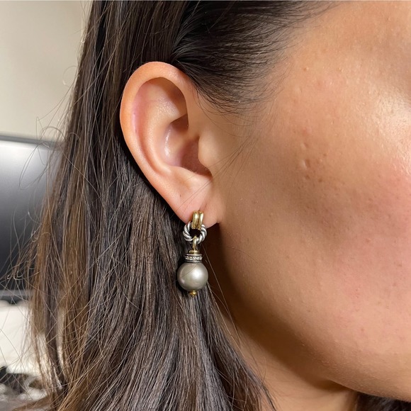 David Yurman Sterling Silver, 18K Tahitian Pearls Diamond Drop Earrings - Picture 4 of 5